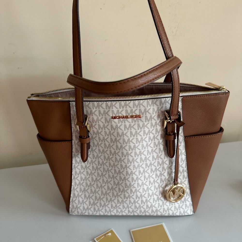 Michael Kors Tan and White Tote Bag